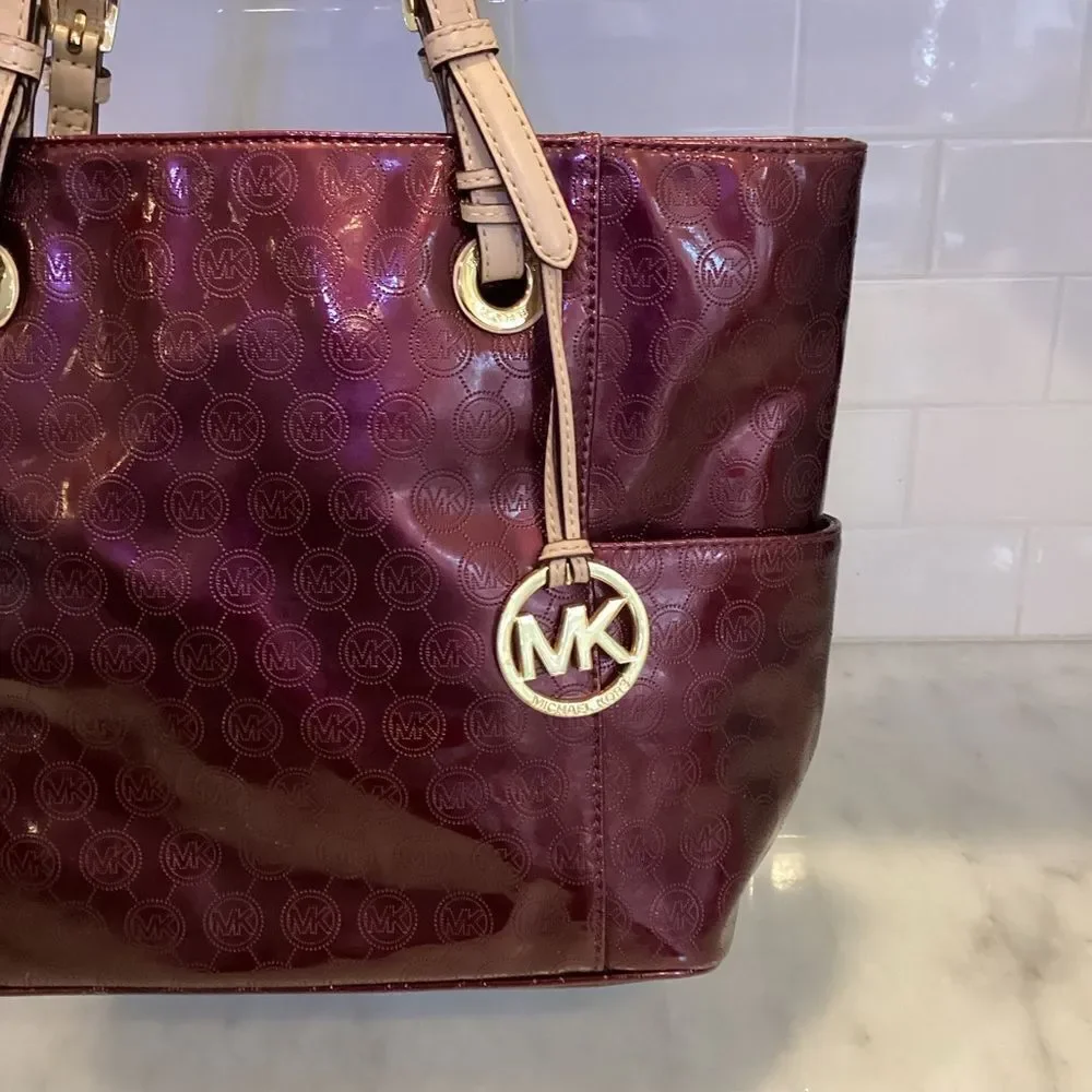 Michael Kors Bag Purse Handbag Leather Embossed Signature Patent EW Jet Set Tote